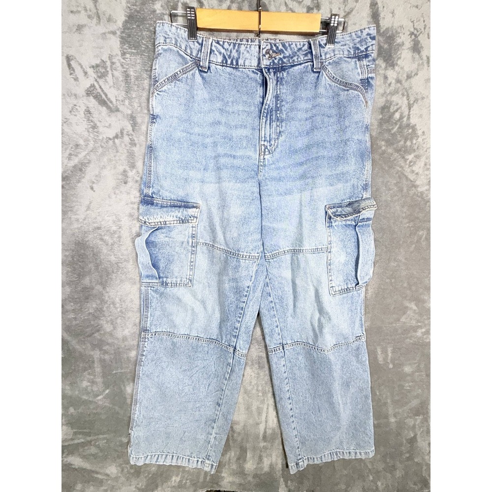 H&M Divided Womens Cargo Jeans US 10 Light Wash Blue Denim Wide Leg Paneled